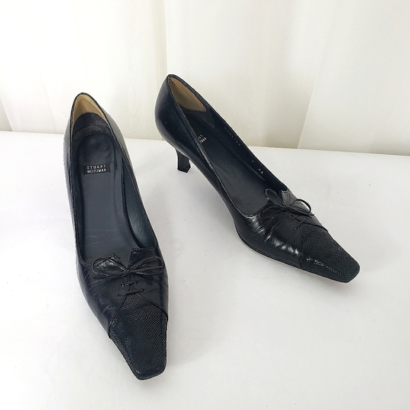 Stuart Weitzman black leather lace up bow front pump heel textured 9AA - Picture 1 of 12